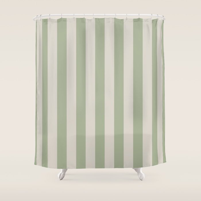Vertical Stripes Narrow Pattern in Sage and Beige Shower Curtain Gallery Image 1