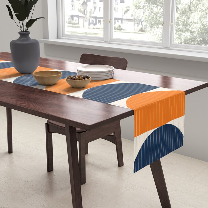 Abstract Shapes 76 in Orange and Navy Blue (Moon Phase Geometric Abstraction) Table Runner Gallery Image 2