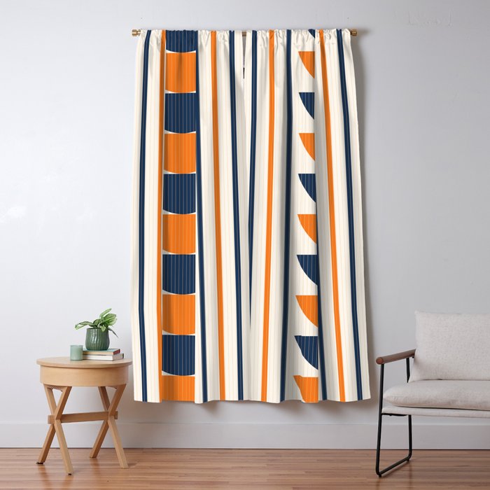 Abstract Shapes 76 in Orange and Navy Blue (Moon Phase Geometric Abstraction) Window Curtain