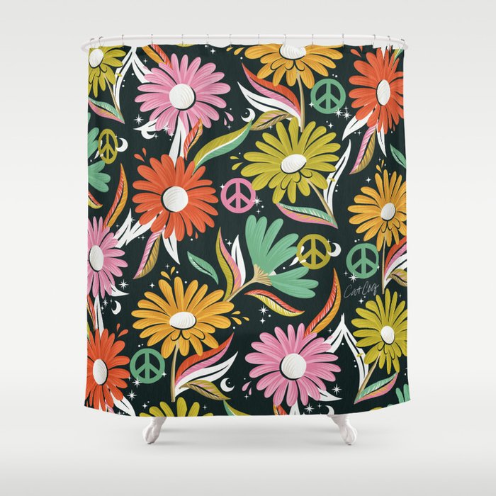 Drippy Daisy Dreamscape - Rainbow & Indigo on Teal Shower Curtain Gallery Image 1