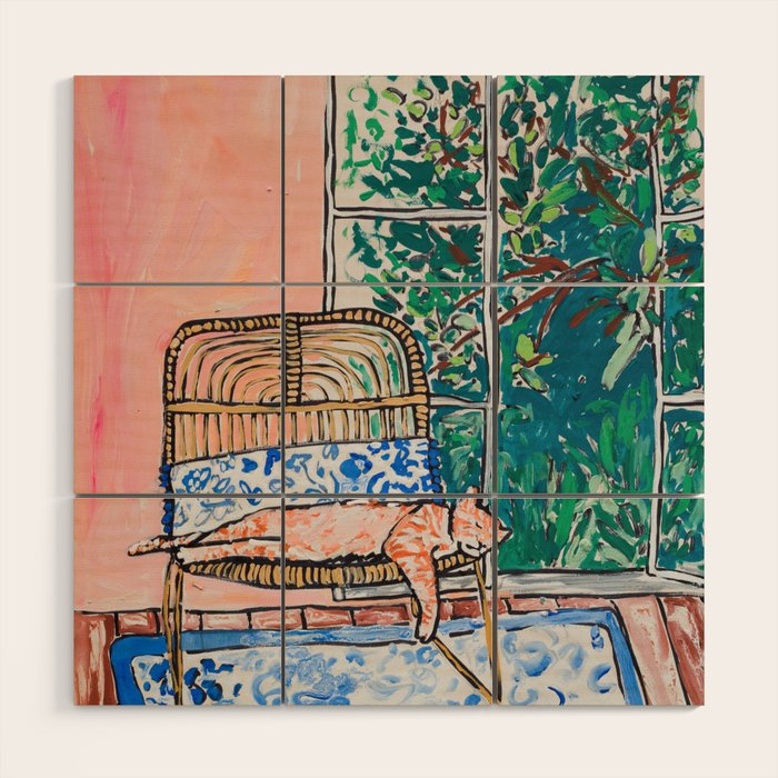 Napping Ginger Cat in Pink Jungle Garden Room Wood Wall Art Gallery Image 1