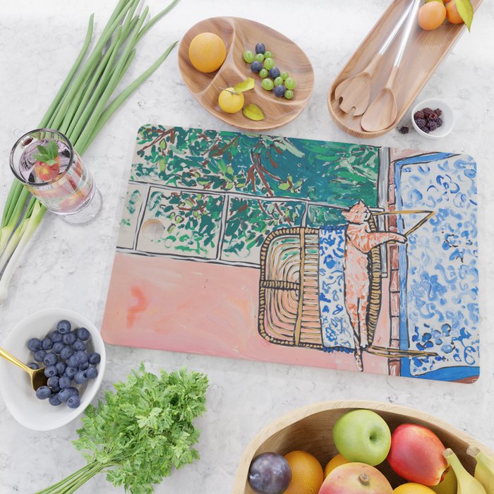 Napping Ginger Cat in Pink Jungle Garden Room Cutting Board Gallery Image 2