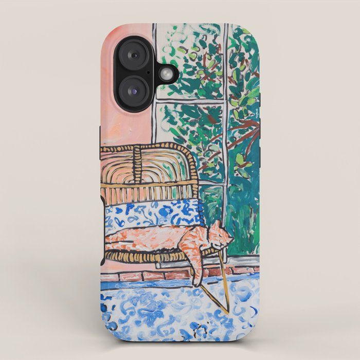 Napping Ginger Cat in Pink Jungle Garden Room iPhone Case Gallery Image 1