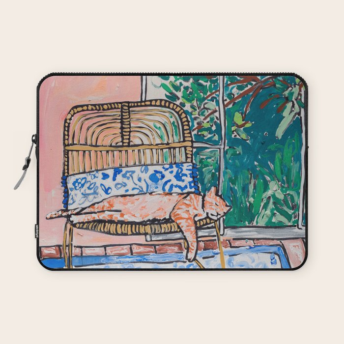 Napping Ginger Cat in Pink Jungle Garden Room Laptop Sleeve Gallery Image 1