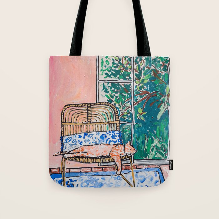 Napping Ginger Cat in Pink Jungle Garden Room Tote Bag Gallery Image 1