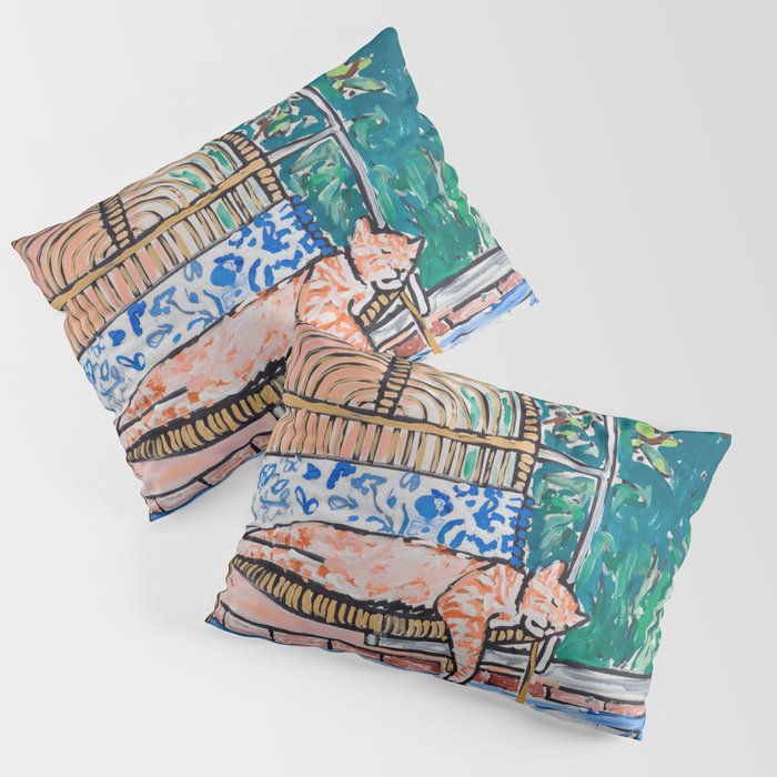Napping Ginger Cat in Pink Jungle Garden Room Pillow Sham Gallery Image 3