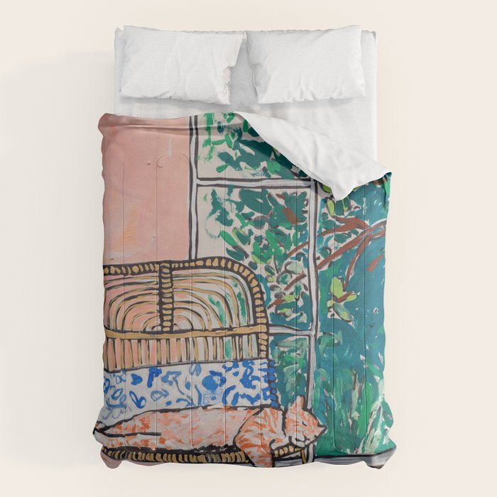 Napping Ginger Cat in Pink Jungle Garden Room Comforter Gallery Image 6