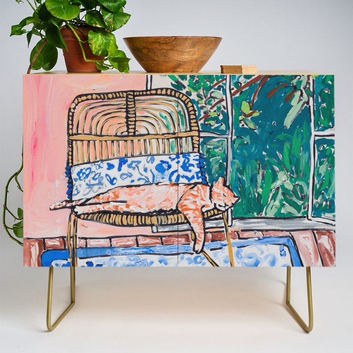 Napping Ginger Cat in Pink Jungle Garden Room Credenza Gallery Image 1
