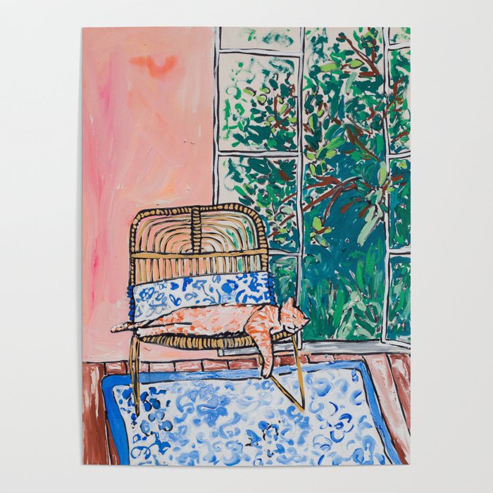 Napping Ginger Cat in Pink Jungle Garden Room Poster Gallery Image 1