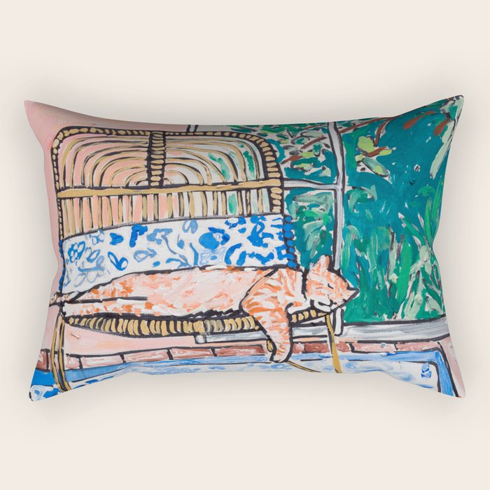 Napping Ginger Cat in Pink Jungle Garden Room Rectangular Pillow Gallery Image 2