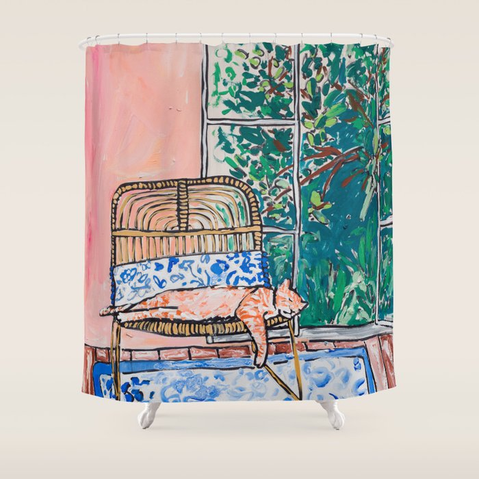 Napping Ginger Cat in Pink Jungle Garden Room Shower Curtain Gallery Image 1