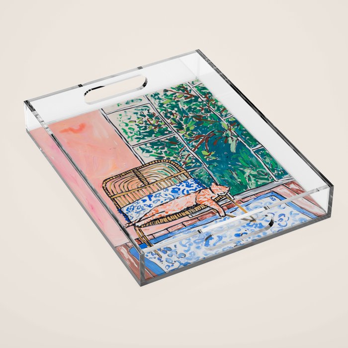 Napping Ginger Cat in Pink Jungle Garden Room Acrylic Tray Gallery Image 1