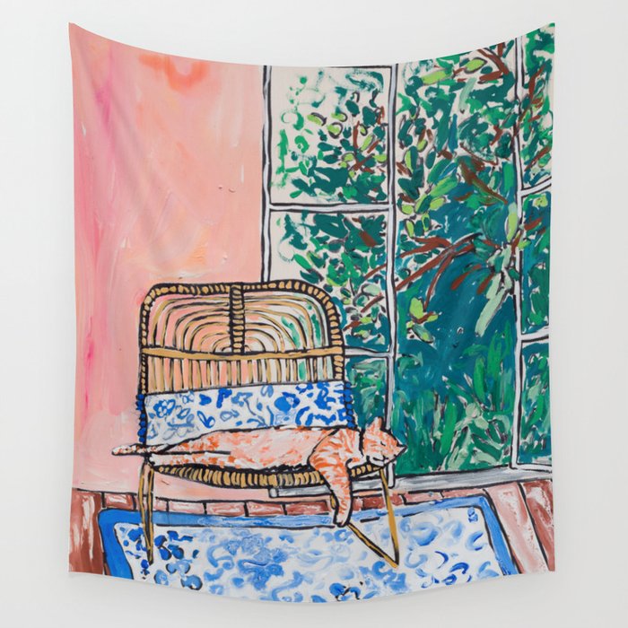 Napping Ginger Cat in Pink Jungle Garden Room Wall Tapestry Gallery Image 4