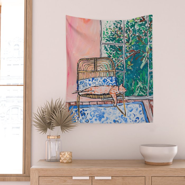 Napping Ginger Cat in Pink Jungle Garden Room Wall Tapestry Gallery Image 2