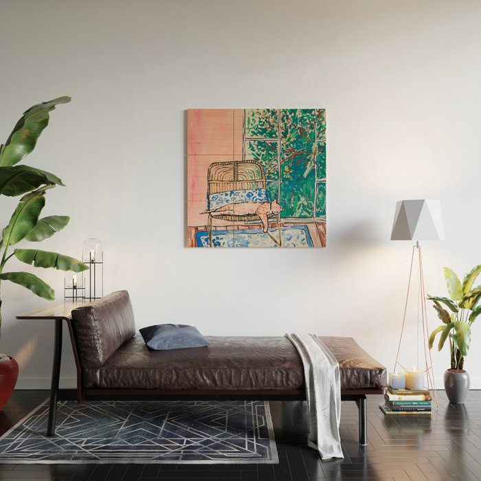 Napping Ginger Cat in Pink Jungle Garden Room Wood Wall Art Gallery Image 2