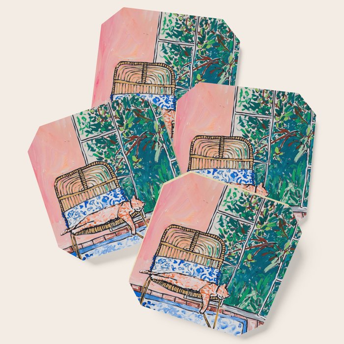 Napping Ginger Cat in Pink Jungle Garden Room Coaster Gallery Image 1