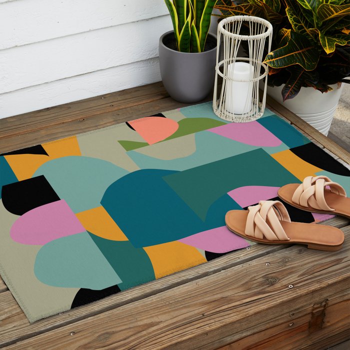 Abstract Collage in Teal Outdoor Rug Gallery Image 2