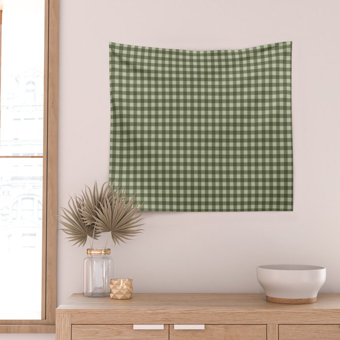 Gingham Plaid Pattern - Natural Green Wall Tapestry Gallery Image 2