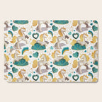 Kicking off some magic // white background white and grey unicorns aqua and mint hearts clouds and rainbows golden lines Cutting Board Gallery Image 1