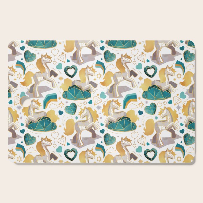 Kicking off some magic // white background white and grey unicorns aqua and mint hearts clouds and rainbows golden lines Cutting Board Gallery Image 1