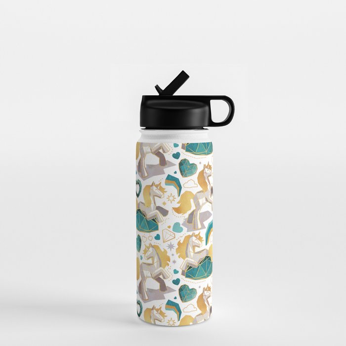 Kicking off some magic // white background white and grey unicorns aqua and mint hearts clouds and rainbows golden lines Water Bottle Gallery Image 1