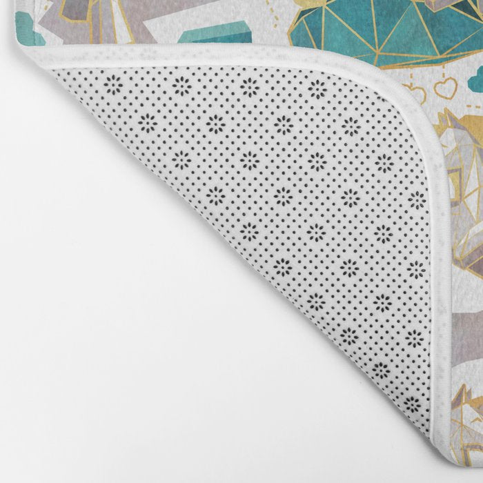 Kicking off some magic // white background white and grey unicorns aqua and mint hearts clouds and rainbows golden lines Bath Mat Gallery Image 2