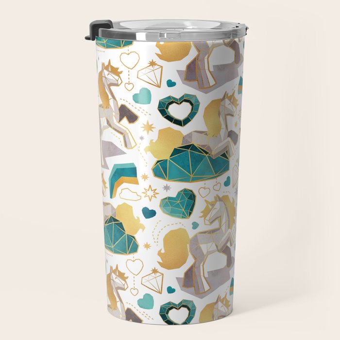 Kicking off some magic // white background white and grey unicorns aqua and mint hearts clouds and rainbows golden lines Travel Mug Gallery Image 3
