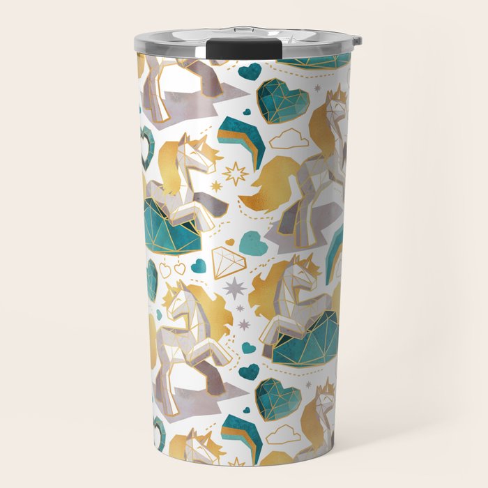 Kicking off some magic // white background white and grey unicorns aqua and mint hearts clouds and rainbows golden lines Travel Mug Gallery Image 1