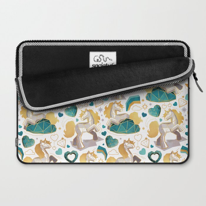 Kicking off some magic // white background white and grey unicorns aqua and mint hearts clouds and rainbows golden lines Laptop Sleeve Gallery Image 2