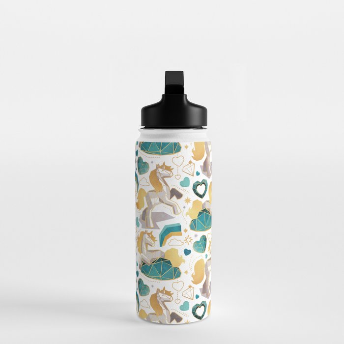 Kicking off some magic // white background white and grey unicorns aqua and mint hearts clouds and rainbows golden lines Water Bottle Gallery Image 3