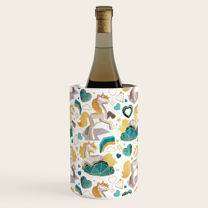 Kicking off some magic // white background white and grey unicorns aqua and mint hearts clouds and rainbows golden lines Wine Chiller Gallery Image 2