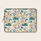 Kicking off some magic // white background white and grey unicorns aqua and mint hearts clouds and rainbows golden lines Laptop Sleeve Gallery Image 1