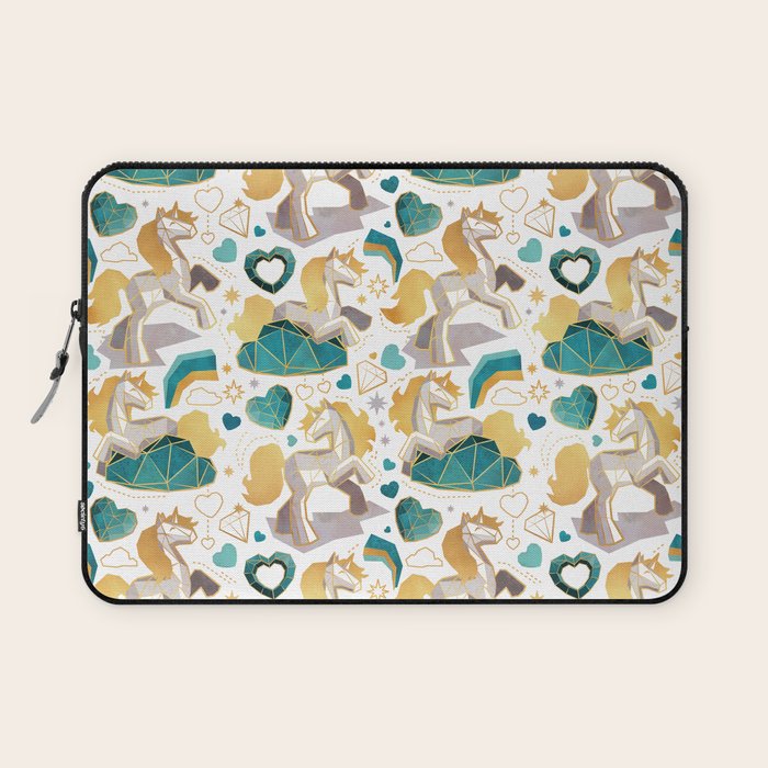 Kicking off some magic // white background white and grey unicorns aqua and mint hearts clouds and rainbows golden lines Laptop Sleeve Gallery Image 1
