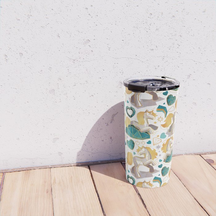 Kicking off some magic // white background white and grey unicorns aqua and mint hearts clouds and rainbows golden lines Travel Mug Gallery Image 4