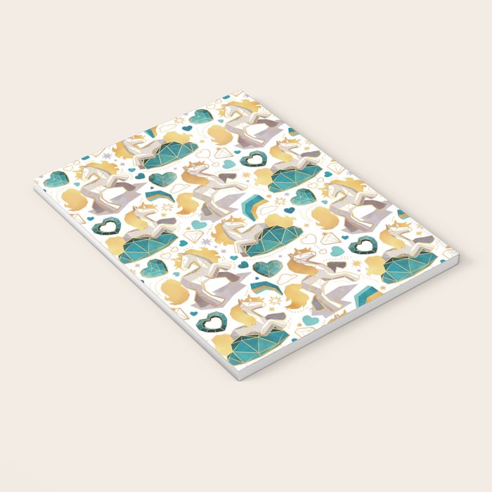 Kicking off some magic // white background white and grey unicorns aqua and mint hearts clouds and rainbows golden lines Notebook Gallery Image 3