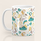 Kicking off some magic // white background white and grey unicorns aqua and mint hearts clouds and rainbows golden lines Coffee Mug Gallery Image 3