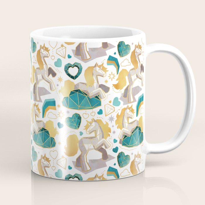 Kicking off some magic // white background white and grey unicorns aqua and mint hearts clouds and rainbows golden lines Coffee Mug Gallery Image 1