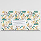 Kicking off some magic // white background white and grey unicorns aqua and mint hearts clouds and rainbows golden lines Desk Mat Gallery Image 1