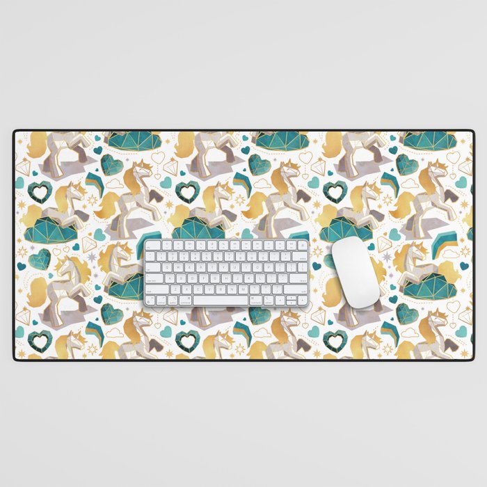 Kicking off some magic // white background white and grey unicorns aqua and mint hearts clouds and rainbows golden lines Desk Mat Gallery Image 1