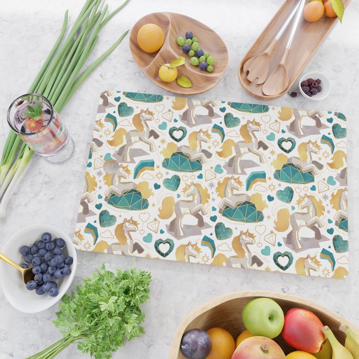 Kicking off some magic // white background white and grey unicorns aqua and mint hearts clouds and rainbows golden lines Cutting Board Gallery Image 2