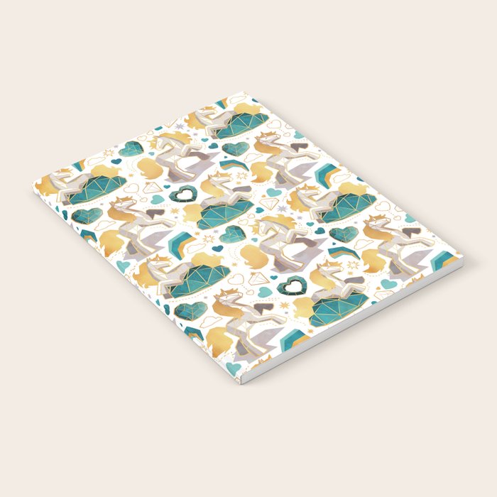 Kicking off some magic // white background white and grey unicorns aqua and mint hearts clouds and rainbows golden lines Notebook Gallery Image 2