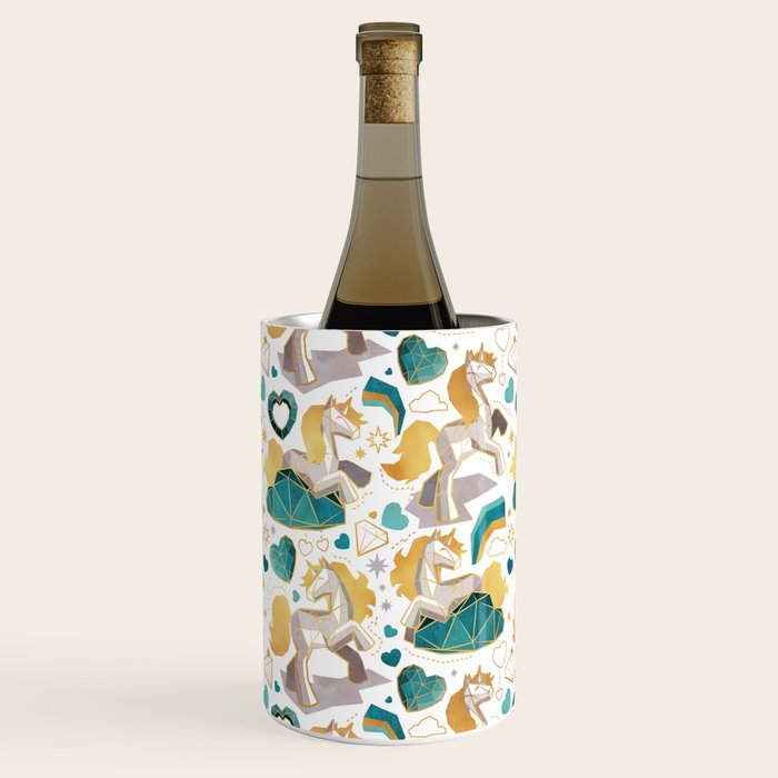 Kicking off some magic // white background white and grey unicorns aqua and mint hearts clouds and rainbows golden lines Wine Chiller Gallery Image 1