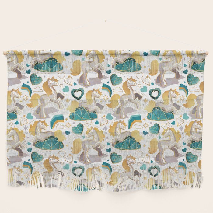 Kicking off some magic // white background white and grey unicorns aqua and mint hearts clouds and rainbows golden lines Wall Hanging Gallery Image 1