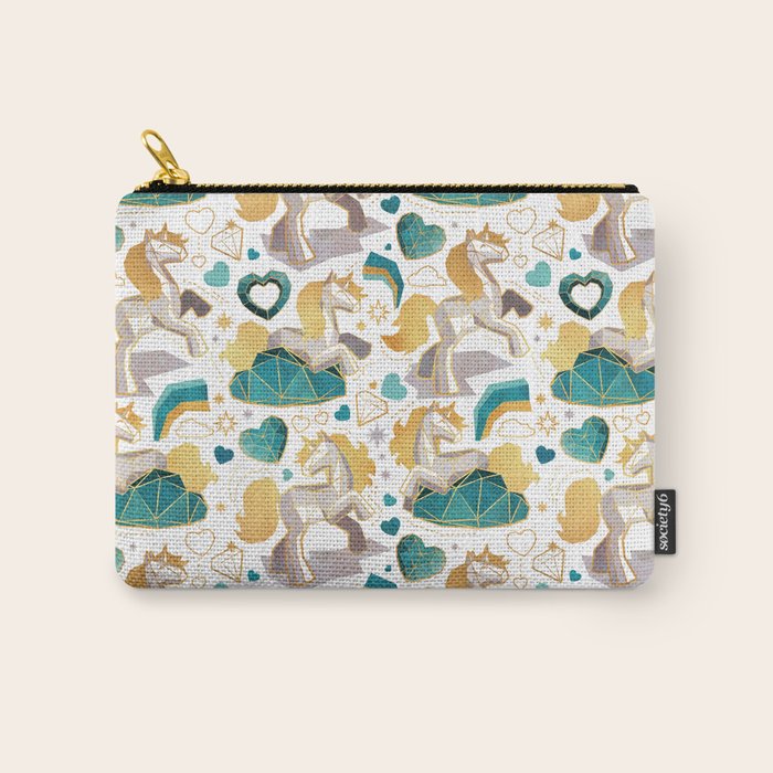 Kicking off some magic // white background white and grey unicorns aqua and mint hearts clouds and rainbows golden lines Carry All Pouch Gallery Image 1