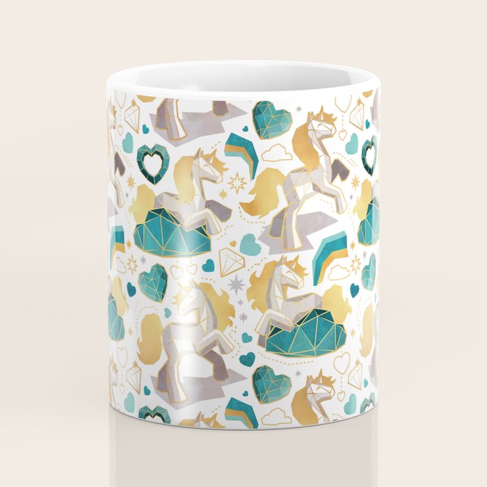 Kicking off some magic // white background white and grey unicorns aqua and mint hearts clouds and rainbows golden lines Coffee Mug Gallery Image 4