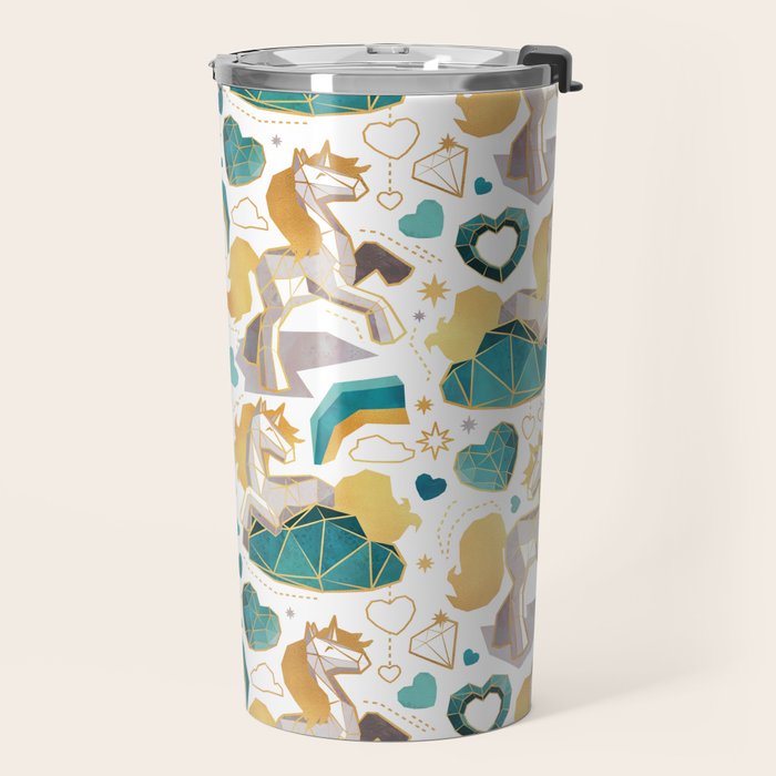 Kicking off some magic // white background white and grey unicorns aqua and mint hearts clouds and rainbows golden lines Travel Mug Gallery Image 2