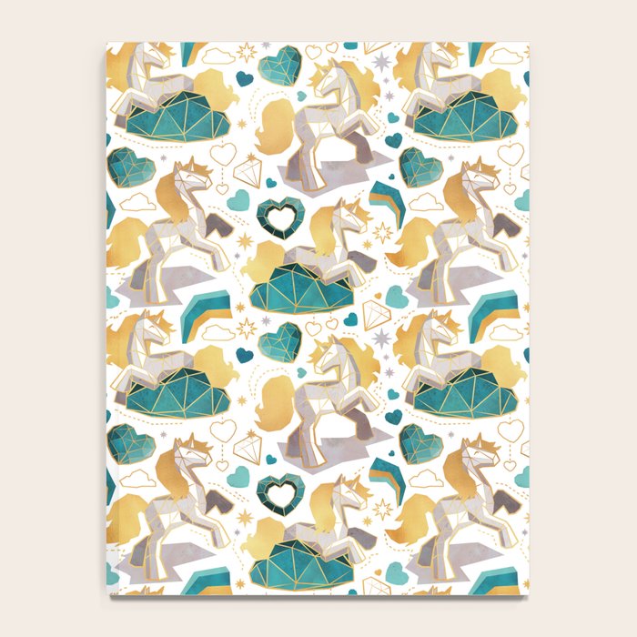 Kicking off some magic // white background white and grey unicorns aqua and mint hearts clouds and rainbows golden lines Notebook Gallery Image 4