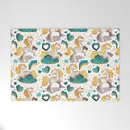 Kicking off some magic // white background white and grey unicorns aqua and mint hearts clouds and rainbows golden lines Welcome Mat Gallery Image 1
