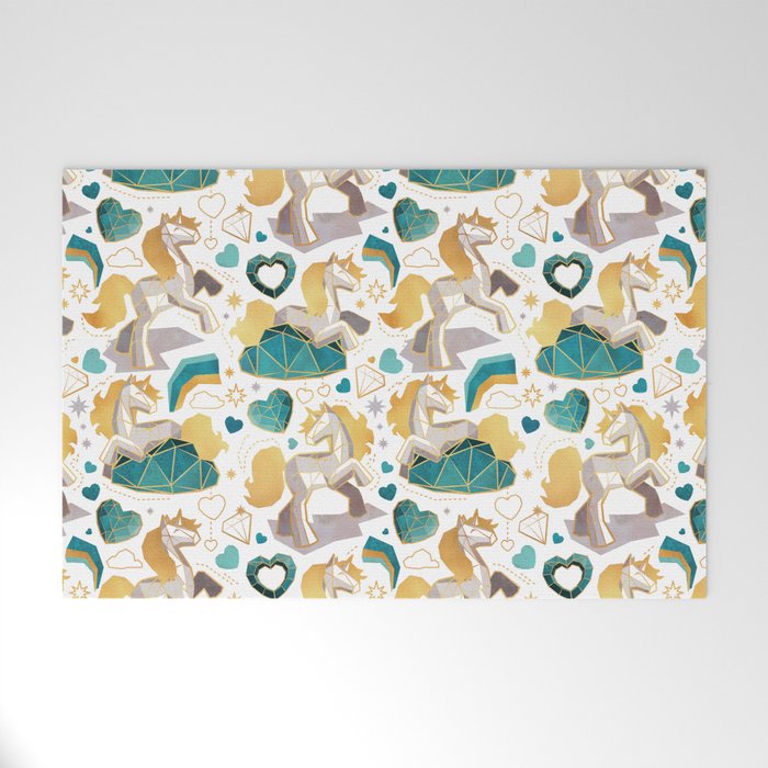Kicking off some magic // white background white and grey unicorns aqua and mint hearts clouds and rainbows golden lines Welcome Mat Gallery Image 1