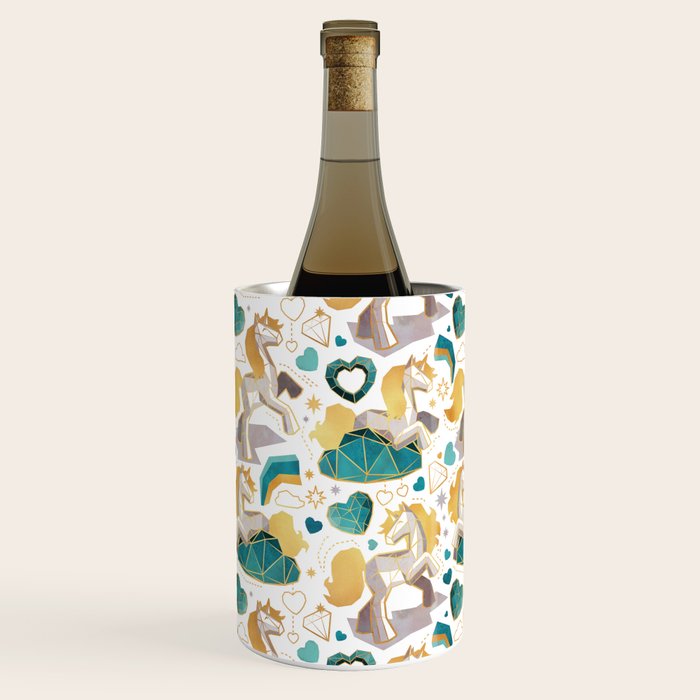 Kicking off some magic // white background white and grey unicorns aqua and mint hearts clouds and rainbows golden lines Wine Chiller Gallery Image 3